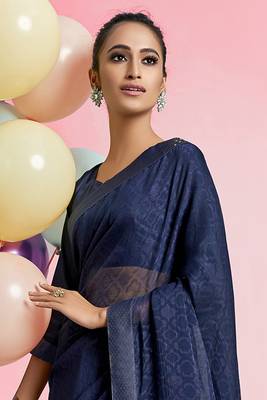 Navy blue printed chiffon saree with blouse 2