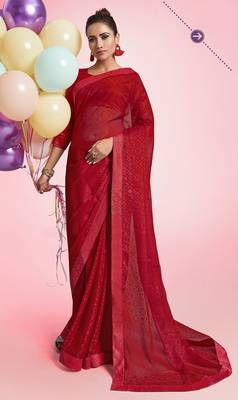 Red printed chiffon saree with blouse 1