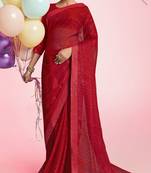 Red printed chiffon saree with blouse