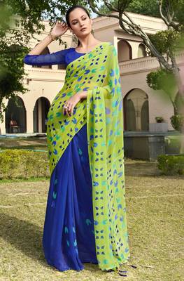 Blue printed georgette saree with blouse 1
