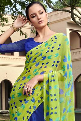 Blue printed georgette saree with blouse 2