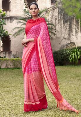 Pink printed georgette saree with blouse 1