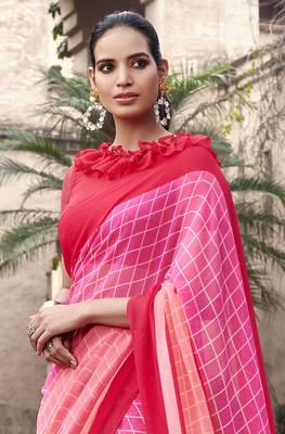 Pink printed georgette saree with blouse 2