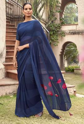 Blue printed georgette saree with blouse 1