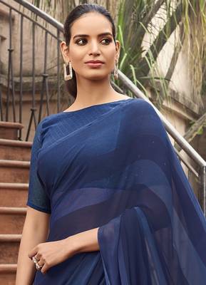 Blue printed georgette saree with blouse 2