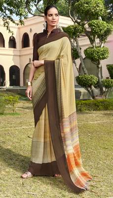 Beige printed georgette saree with blouse 1