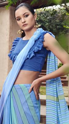 Sky blue printed georgette saree with blouse 2