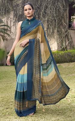 Beige printed georgette saree with blouse 1