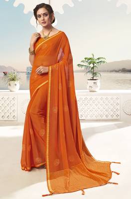 Orange plain chiffon saree with blouse 1
