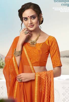 Orange plain chiffon saree with blouse 2