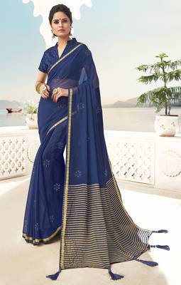 Blue plain chiffon saree with blouse 1