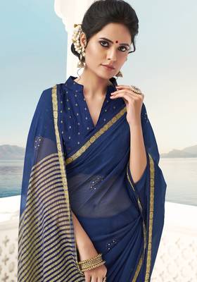 Blue plain chiffon saree with blouse 2