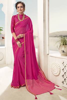 Pink plain chiffon saree with blouse 1
