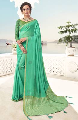 Sea green plain chiffon saree with blouse 1
