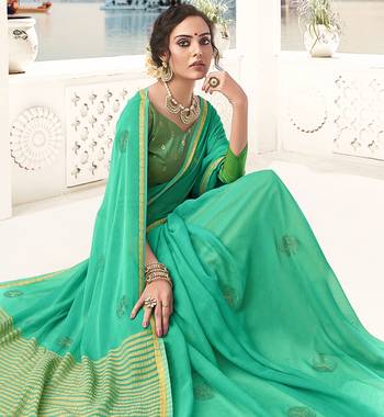 Sea green plain chiffon saree with blouse 2