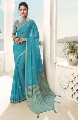 Sky blue plain chiffon saree with blouse 1