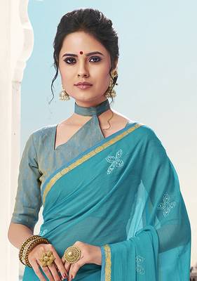 Sky blue plain chiffon saree with blouse 2