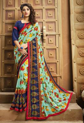 Sky blue printed georgette saree with blouse 1