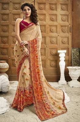 Beige printed georgette saree with blouse 1