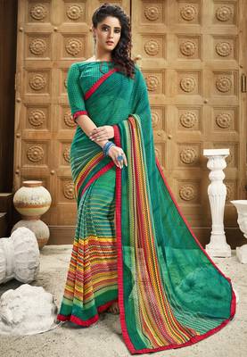 Green printed georgette saree with blouse 1