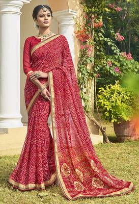 Red printed georgette saree with blouse 1