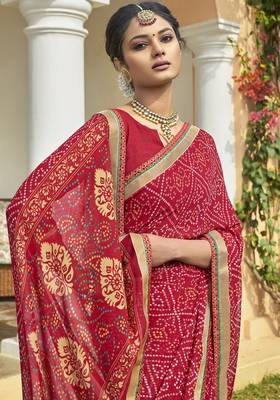 Red printed georgette saree with blouse 2