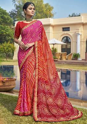 Pink printed georgette saree with blouse 1