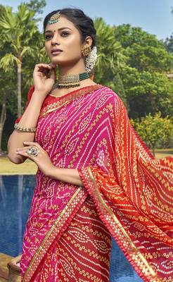 Pink printed georgette saree with blouse 2