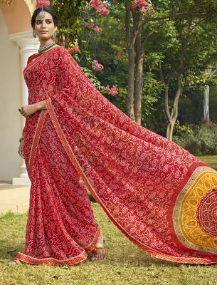 Red printed georgette saree with blouse 1