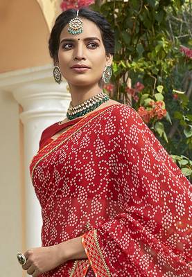 Red printed georgette saree with blouse 2