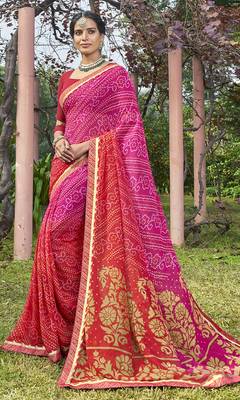Pink printed georgette saree with blouse 1