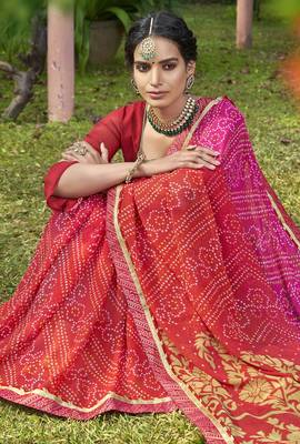 Pink printed georgette saree with blouse 2