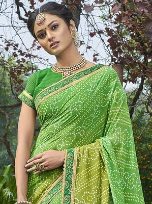 Green printed georgette saree with blouse 2