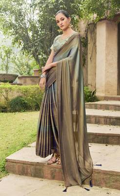Beige printed chiffon saree with blouse 1