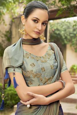 Beige printed chiffon saree with blouse 2