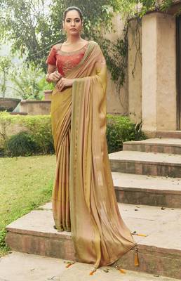 Light yellow printed chiffon saree with blouse 1