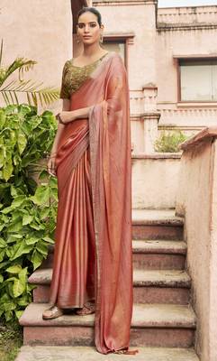 Pink printed chiffon saree with blouse 1