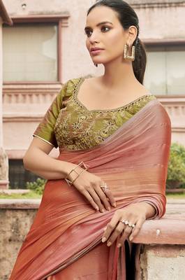 Pink printed chiffon saree with blouse 2