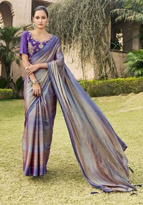 Blue printed chiffon saree with blouse 1