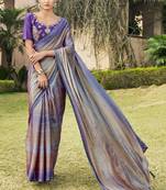 Blue printed chiffon saree with blouse