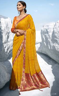 Yellow printed georgette saree with blouse 1