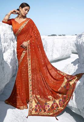 Orange printed georgette saree with blouse 1