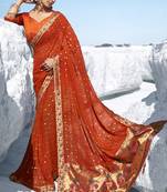 Orange printed georgette saree with blouse