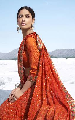 Orange printed georgette saree with blouse 2