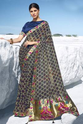 Navy blue printed georgette saree with blouse 1