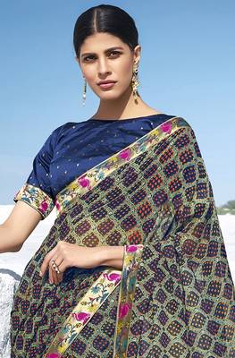 Navy blue printed georgette saree with blouse 2