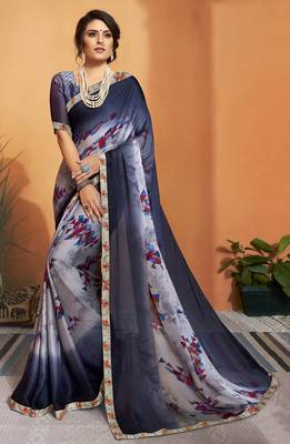 Blue printed chiffon saree with blouse 1