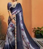 Blue printed chiffon saree with blouse