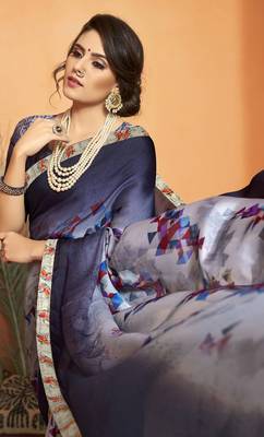 Blue printed chiffon saree with blouse 2