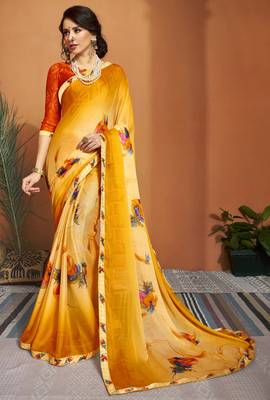 Yellow printed chiffon saree with blouse 1